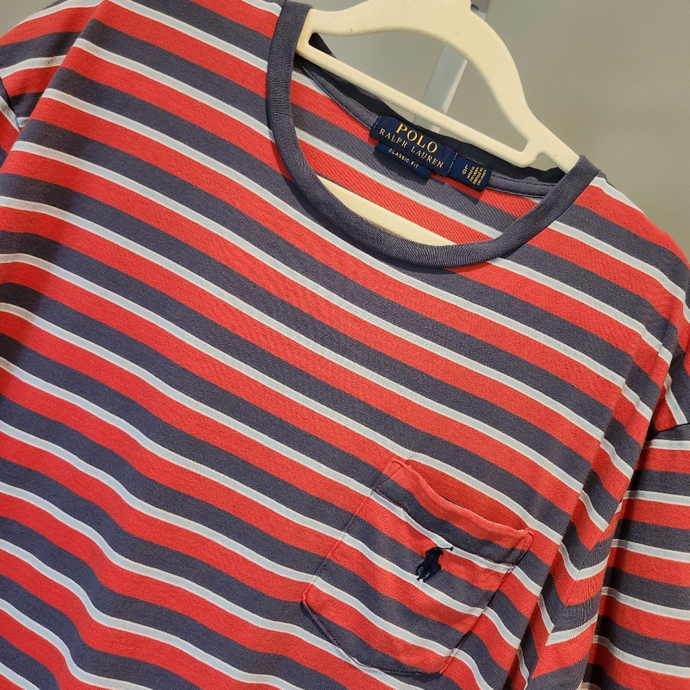 Polo Ralph Lauren Red Blue Stripe Pocket Tee T-Shirt Navy Pony Horse Sz L Large
